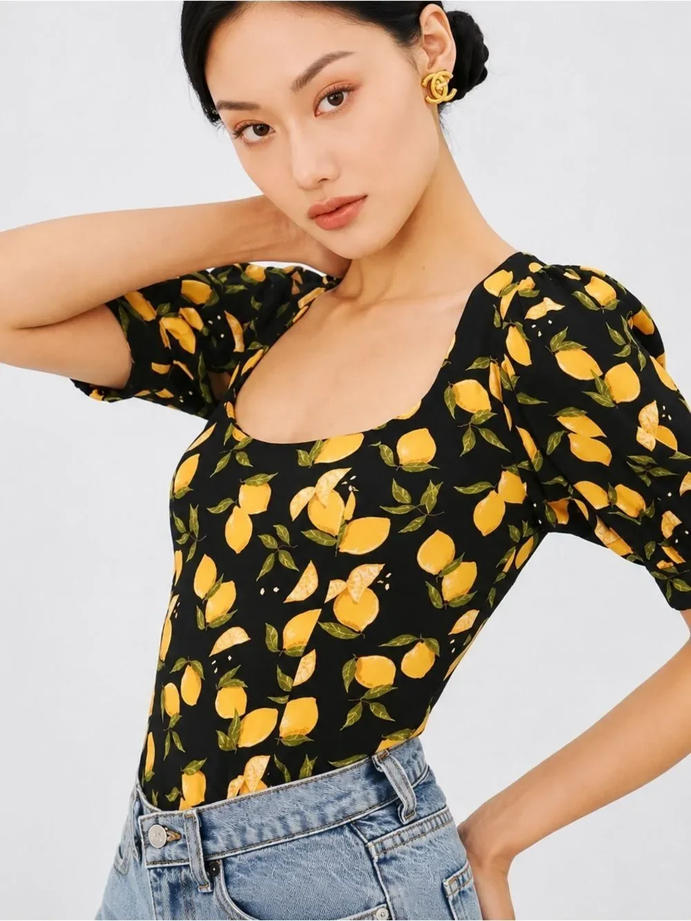 Reformation Lemon Print Smocked Back Top – Size 2